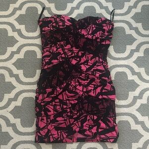Pink and Black Strapless Rouged Dress with Black print and lace by Windsor